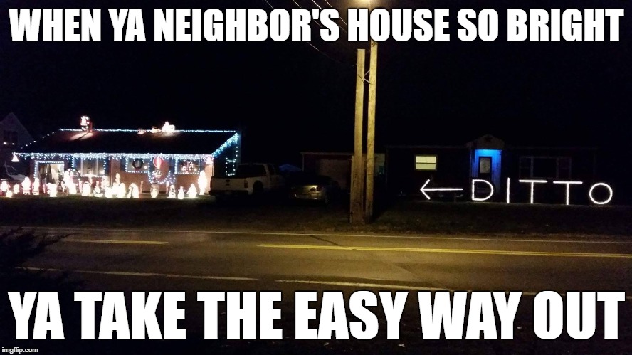 WHEN YA NEIGHBOR'S HOUSE SO BRIGHT; YA TAKE THE EASY WAY OUT | image tagged in christmas,christmas lights | made w/ Imgflip meme maker