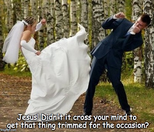 Angry Bride | Jesus! Didn't it cross your mind to get that thing trimmed for the occasion? | image tagged in memes,angry bride | made w/ Imgflip meme maker