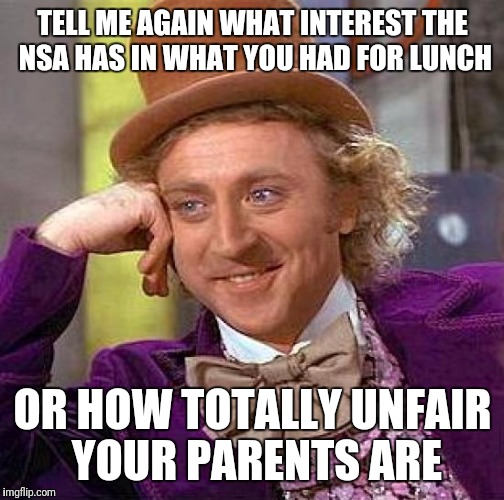 Creepy Condescending Wonka Meme | TELL ME AGAIN WHAT INTEREST THE NSA HAS IN WHAT YOU HAD FOR LUNCH; OR HOW TOTALLY UNFAIR YOUR PARENTS ARE | image tagged in memes,creepy condescending wonka | made w/ Imgflip meme maker