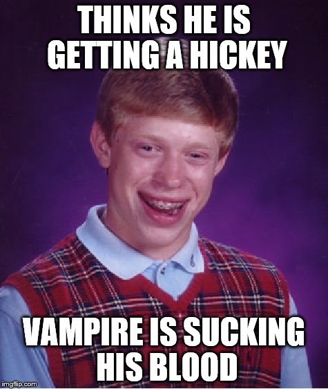 Bad Luck Brian Meme | THINKS HE IS GETTING A HICKEY; VAMPIRE IS SUCKING HIS BLOOD | image tagged in memes,bad luck brian | made w/ Imgflip meme maker