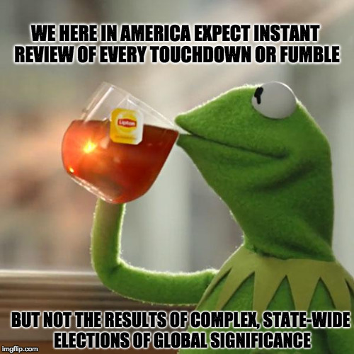 But That's None Of My Business | WE HERE IN AMERICA EXPECT INSTANT REVIEW OF EVERY TOUCHDOWN OR FUMBLE; BUT NOT THE RESULTS OF COMPLEX, STATE-WIDE ELECTIONS OF GLOBAL SIGNIFICANCE | image tagged in memes,but thats none of my business,kermit the frog | made w/ Imgflip meme maker