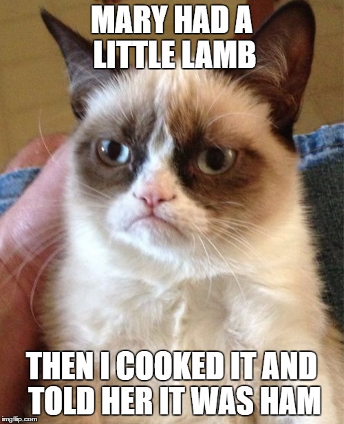 Grumpy Cat Meme | MARY HAD A LITTLE LAMB THEN I COOKED IT AND TOLD HER IT WAS HAM | image tagged in memes,grumpy cat | made w/ Imgflip meme maker