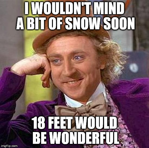 Creepy Condescending Wonka | I WOULDN'T MIND A BIT OF SNOW SOON; 18 FEET WOULD BE WONDERFUL | image tagged in memes,creepy condescending wonka | made w/ Imgflip meme maker