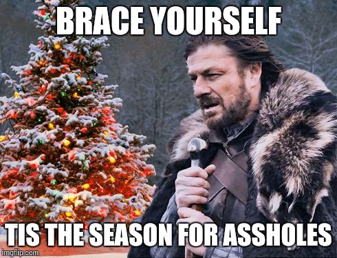 Brace for Christmas | BRACE YOURSELF; TIS THE SEASON FOR ASSHOLES | image tagged in brace for christmas | made w/ Imgflip meme maker