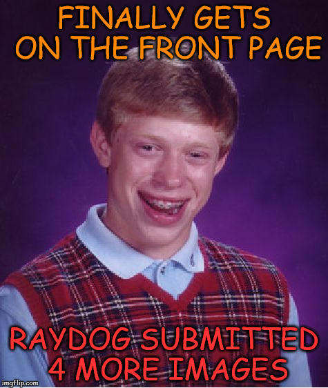 Bad Luck Brian Meme | FINALLY GETS ON THE FRONT PAGE; RAYDOG SUBMITTED 4 MORE IMAGES | image tagged in memes,bad luck brian | made w/ Imgflip meme maker