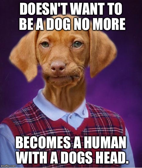 Bad Luck Raydog | DOESN'T WANT TO BE A DOG NO MORE; BECOMES A HUMAN WITH A DOGS HEAD. | image tagged in bad luck raydog | made w/ Imgflip meme maker