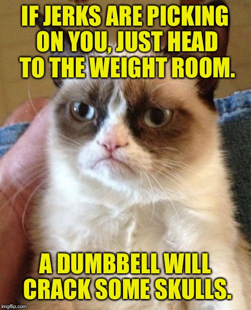 The urge to flurtch... | IF JERKS ARE PICKING ON YOU, JUST HEAD TO THE WEIGHT ROOM. A DUMBBELL WILL CRACK SOME SKULLS. | image tagged in memes,grumpy cat,weight lifting,funny memes,dank memes | made w/ Imgflip meme maker