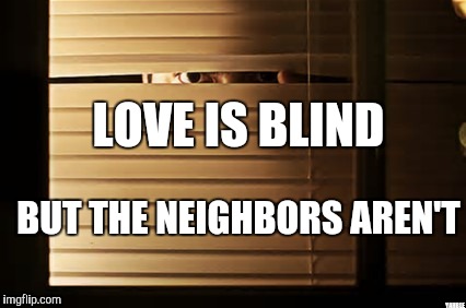 Love is blind | LOVE IS BLIND; BUT THE NEIGHBORS AREN'T; YAHBLE | image tagged in window | made w/ Imgflip meme maker