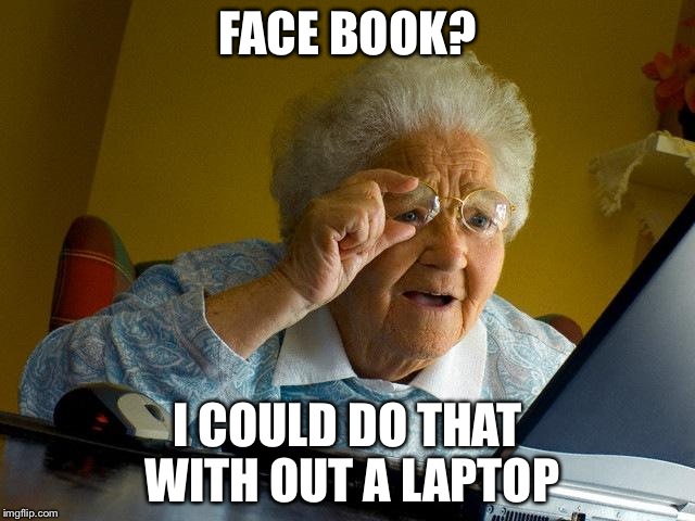 Grandma finds face book | FACE BOOK? I COULD DO THAT WITH OUT A LAPTOP | image tagged in memes,grandma finds the internet | made w/ Imgflip meme maker