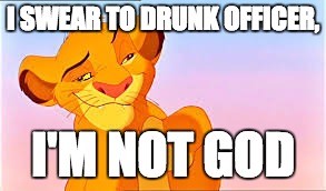 Lnio kgin | I SWEAR TO DRUNK OFFICER, I'M NOT GOD | image tagged in drunk,lion,king | made w/ Imgflip meme maker