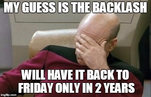 Captain Picard Facepalm Meme | MY GUESS IS THE BACKLASH WILL HAVE IT BACK TO FRIDAY ONLY IN 2 YEARS | image tagged in memes,captain picard facepalm | made w/ Imgflip meme maker