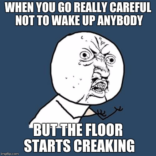 Y U No Meme | WHEN YOU GO REALLY CAREFUL NOT TO WAKE UP ANYBODY; BUT THE FLOOR STARTS CREAKING | image tagged in memes,y u no | made w/ Imgflip meme maker
