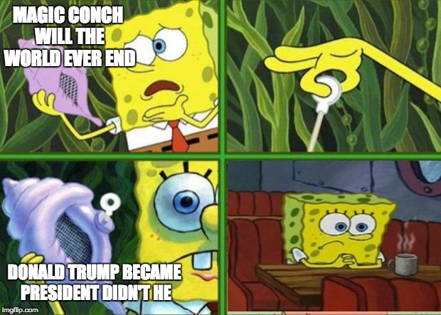 Magic Conch | MAGIC CONCH WILL THE WORLD EVER END; DONALD TRUMP BECAME PRESIDENT DIDN'T HE | image tagged in magic conch | made w/ Imgflip meme maker