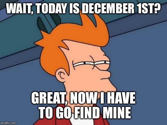 Futurama Fry Meme | WAIT, TODAY IS DECEMBER 1ST? GREAT, NOW I HAVE TO GO FIND MINE | image tagged in memes,futurama fry | made w/ Imgflip meme maker
