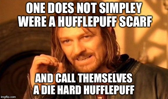 Die hard Hufflepuff | ONE DOES NOT SIMPLEY WERE A HUFFLEPUFF SCARF; AND CALL THEMSELVES A DIE HARD HUFFLEPUFF | image tagged in memes,one does not simply,hufflepuff,harry potter,fantastic beasts and where to find them | made w/ Imgflip meme maker