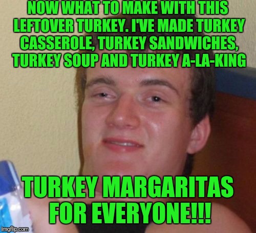 10 Guy Meme | NOW WHAT TO MAKE WITH THIS LEFTOVER TURKEY. I'VE MADE TURKEY CASSEROLE, TURKEY SANDWICHES, TURKEY SOUP AND TURKEY A-LA-KING; TURKEY MARGARITAS FOR EVERYONE!!! | image tagged in memes,10 guy | made w/ Imgflip meme maker