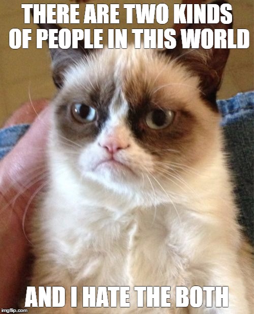 Grumpy Cat Meme | THERE ARE TWO KINDS OF PEOPLE IN THIS WORLD; AND I HATE THE BOTH | image tagged in memes,grumpy cat | made w/ Imgflip meme maker