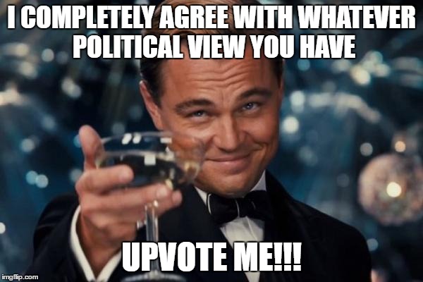 The only correct opinion | I COMPLETELY AGREE WITH WHATEVER POLITICAL VIEW YOU HAVE; UPVOTE ME!!! | image tagged in memes,leonardo dicaprio cheers,funny memes,politics | made w/ Imgflip meme maker
