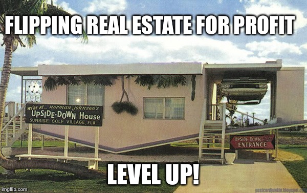 Flipping houses is a real job |  FLIPPING REAL ESTATE FOR PROFIT; LEVEL UP! | image tagged in upside down house,memes | made w/ Imgflip meme maker