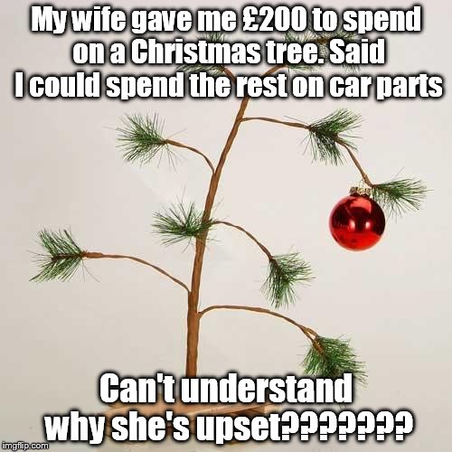 Christmas tree | My wife gave me £200 to spend on a Christmas tree. Said I could spend the rest on car parts; Can't understand why she's upset??????? | image tagged in christmas tree | made w/ Imgflip meme maker