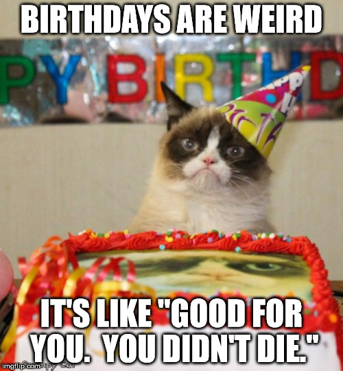 Grumpy Cat Birthday | BIRTHDAYS ARE WEIRD; IT'S LIKE "GOOD FOR YOU.  YOU DIDN'T DIE." | image tagged in memes,grumpy cat birthday,grumpy cat | made w/ Imgflip meme maker