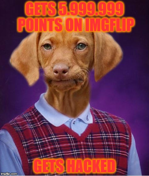 I'm just trying to promote raydogs template.I believe that it will catch on | GETS 5.999.999 POINTS ON IMGFLIP; GETS HACKED | image tagged in bad luck raydog | made w/ Imgflip meme maker