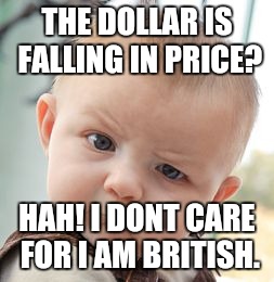 British bratt | THE DOLLAR IS FALLING IN PRICE? HAH! I DONT CARE FOR I AM BRITISH. | image tagged in memes,skeptical baby | made w/ Imgflip meme maker