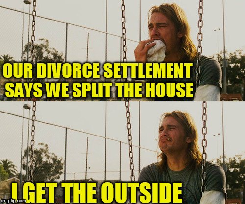 First World Stoner Problems Meme | OUR DIVORCE SETTLEMENT SAYS WE SPLIT THE HOUSE; I GET THE OUTSIDE | image tagged in memes,first world stoner problems | made w/ Imgflip meme maker