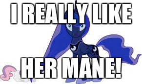 sweetie belle chewing on luna's mane | I REALLY LIKE; HER MANE! | image tagged in sweetie belle chewing on luna's mane | made w/ Imgflip meme maker