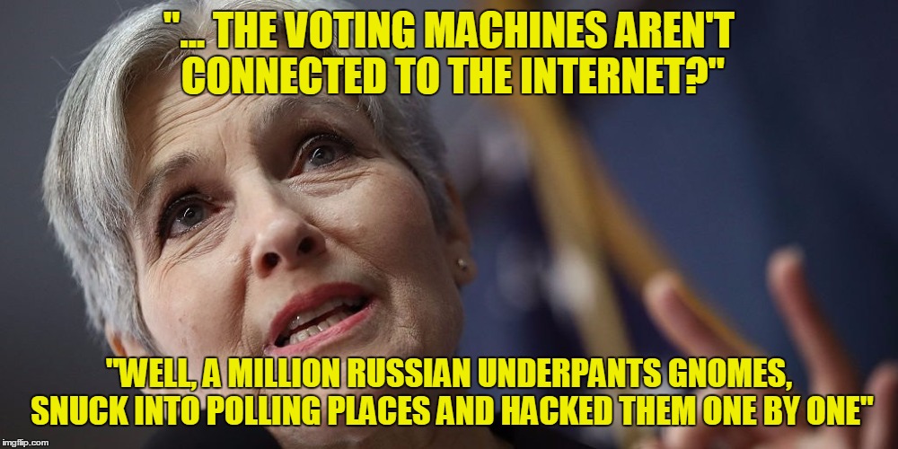 "... THE VOTING MACHINES AREN'T CONNECTED TO THE INTERNET?"; "WELL, A MILLION RUSSIAN UNDERPANTS GNOMES, SNUCK INTO POLLING PLACES AND HACKED THEM ONE BY ONE" | image tagged in stupid recount | made w/ Imgflip meme maker