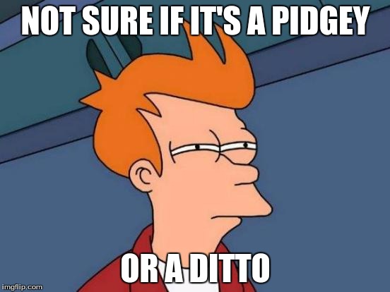 Futurama Fry | NOT SURE IF IT'S A PIDGEY; OR A DITTO | image tagged in memes,futurama fry | made w/ Imgflip meme maker