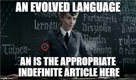 AN EVOLVED LANGUAGE AN IS THE APPROPRIATE INDEFINITE ARTICLE HERE | made w/ Imgflip meme maker