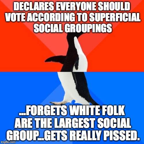 Socially Awesome Awkward Penguin Meme | DECLARES EVERYONE SHOULD VOTE ACCORDING TO SUPERFICIAL SOCIAL GROUPINGS; ...FORGETS WHITE FOLK ARE THE LARGEST SOCIAL GROUP...GETS REALLY PISSED. | image tagged in memes,socially awesome awkward penguin | made w/ Imgflip meme maker