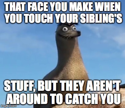 gerald finding dory | THAT FACE YOU MAKE WHEN YOU TOUCH YOUR SIBLING'S; STUFF, BUT THEY AREN'T AROUND TO CATCH YOU | image tagged in gerald finding dory | made w/ Imgflip meme maker