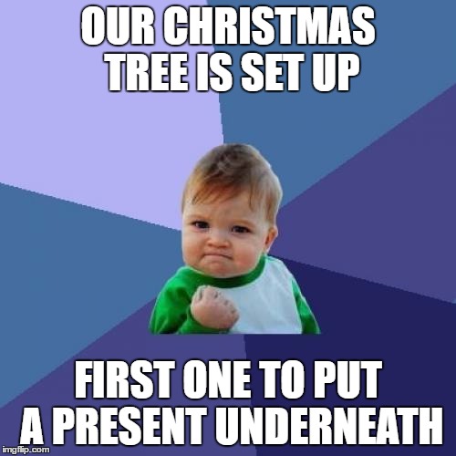 Success Kid Meme | OUR CHRISTMAS TREE IS SET UP; FIRST ONE TO PUT A PRESENT UNDERNEATH | image tagged in memes,success kid | made w/ Imgflip meme maker