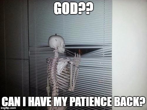 Skeleton Looking Out Window | GOD?? CAN I HAVE MY PATIENCE BACK? | image tagged in skeleton looking out window | made w/ Imgflip meme maker
