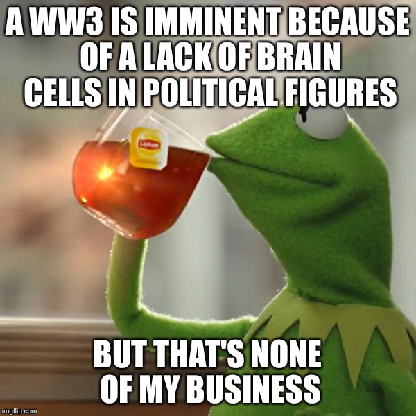 But That's None Of My Business Meme | A WW3 IS IMMINENT BECAUSE OF A LACK OF BRAIN CELLS IN POLITICAL FIGURES; BUT THAT'S NONE OF MY BUSINESS | image tagged in memes,but thats none of my business,kermit the frog | made w/ Imgflip meme maker