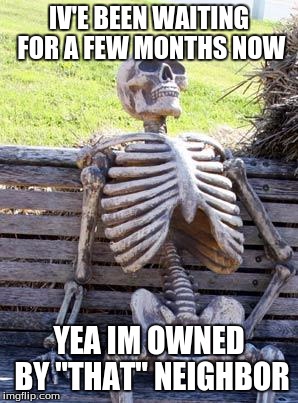 Waiting Skeleton | IV'E BEEN WAITING FOR A FEW MONTHS NOW; YEA IM OWNED BY "THAT" NEIGHBOR | image tagged in memes,waiting skeleton | made w/ Imgflip meme maker