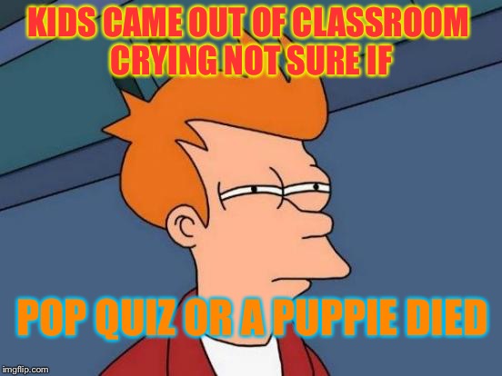 Futurama Fry Meme | KIDS CAME OUT OF CLASSROOM CRYING
NOT SURE IF; POP QUIZ OR A PUPPIE DIED | image tagged in memes,futurama fry | made w/ Imgflip meme maker