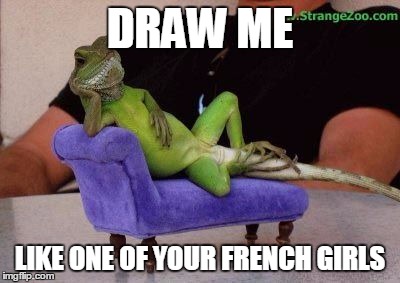 draw me like one of your french girls | DRAW ME; LIKE ONE OF YOUR FRENCH GIRLS | image tagged in mischevious lizard | made w/ Imgflip meme maker