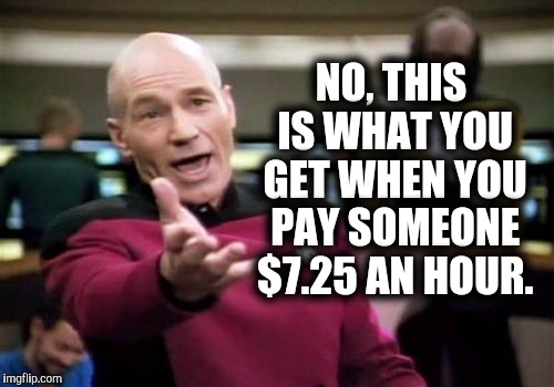 Picard Wtf Meme | NO, THIS IS WHAT YOU GET WHEN YOU PAY SOMEONE $7.25 AN HOUR. | image tagged in memes,picard wtf | made w/ Imgflip meme maker