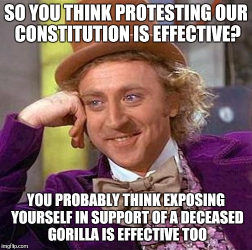 I dont understand the thought process  | SO YOU THINK PROTESTING OUR CONSTITUTION IS EFFECTIVE? YOU PROBABLY THINK EXPOSING YOURSELF IN SUPPORT OF A DECEASED GORILLA IS EFFECTIVE TOO | image tagged in memes,creepy condescending wonka,retarded liberal protesters,protesters,harambe | made w/ Imgflip meme maker