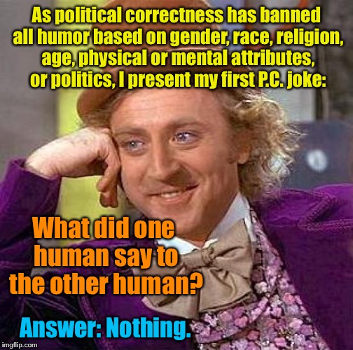 Creepy Condescending Wonka |  As political correctness has banned all humor based on gender, race, religion, age, physical or mental attributes, or politics, I present my first P.C. joke:; What did one human say to the other human? Answer: Nothing. | image tagged in memes,creepy condescending wonka,political correctness,jokes | made w/ Imgflip meme maker