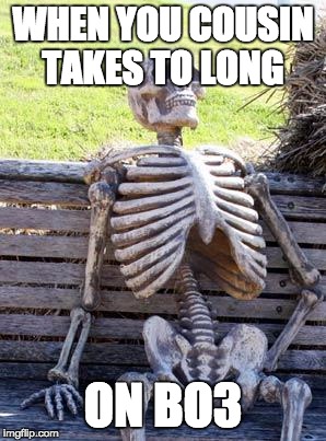 Waiting Skeleton Meme | WHEN YOU COUSIN TAKES TO LONG; ON BO3 | image tagged in memes,waiting skeleton | made w/ Imgflip meme maker
