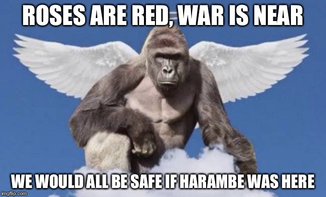 no explanation necessary. | ROSES ARE RED, WAR IS NEAR; WE WOULD ALL BE SAFE IF HARAMBE WAS HERE | image tagged in harambe,war,memes,funny,poems | made w/ Imgflip meme maker