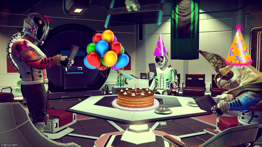 The Cake Is NOT A Lie | AWKWARD KORVAX GEK PARTY; IN NO MAN'S SKY | image tagged in no man's sky,foundation,party,korvax,gek,cake | made w/ Imgflip meme maker