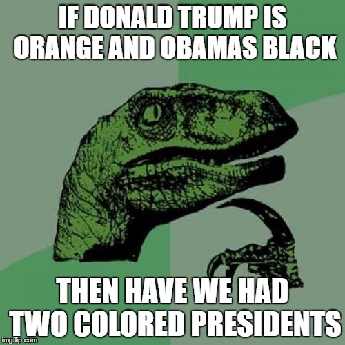 Philosoraptor | IF DONALD TRUMP IS ORANGE AND OBAMAS BLACK; THEN HAVE WE HAD TWO COLORED PRESIDENTS | image tagged in memes,philosoraptor | made w/ Imgflip meme maker