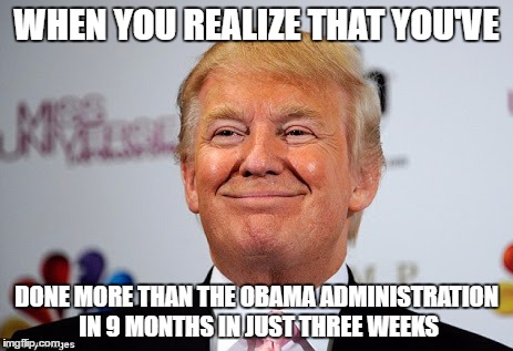 Donald trump approves | WHEN YOU REALIZE THAT YOU'VE; DONE MORE THAN THE OBAMA ADMINISTRATION IN 9 MONTHS IN JUST THREE WEEKS | image tagged in memes,donald trump approves,funny | made w/ Imgflip meme maker
