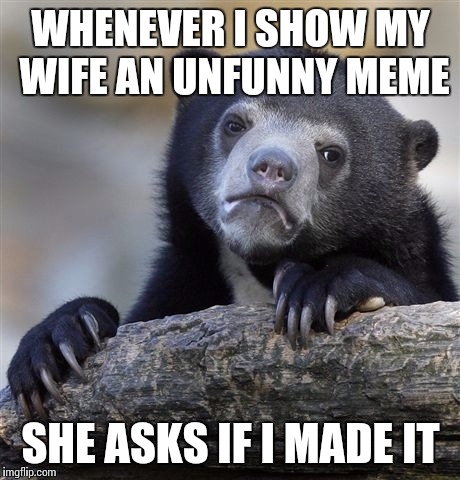 Confession Bear | WHENEVER I SHOW MY WIFE AN UNFUNNY MEME; SHE ASKS IF I MADE IT | image tagged in memes,confession bear | made w/ Imgflip meme maker