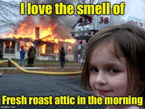 Disaster Girl | I love the smell of; Fresh roast attic in the morning | image tagged in memes,disaster girl | made w/ Imgflip meme maker